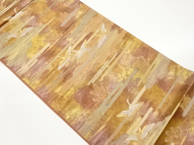 引箔ヱ霞に雲・鶴模様織出し袋帯